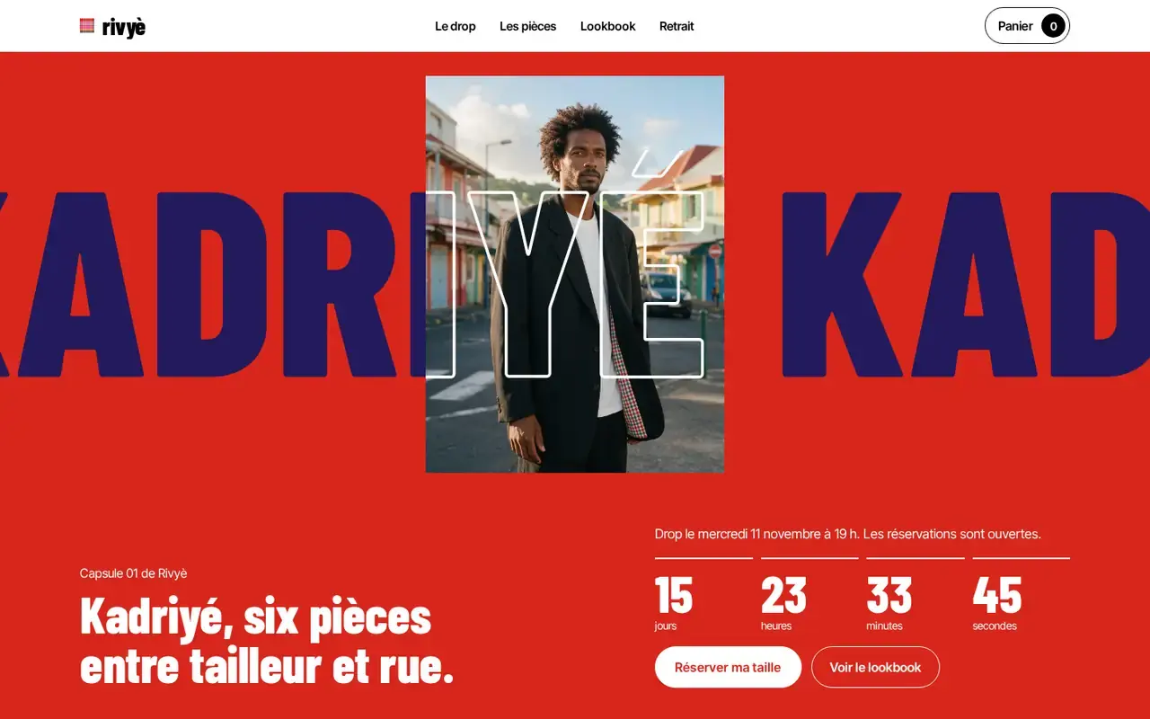 La boutique Rivyè sur ordinateur, thème Madras : sa capsule et le compte à rebours de sa sortie.