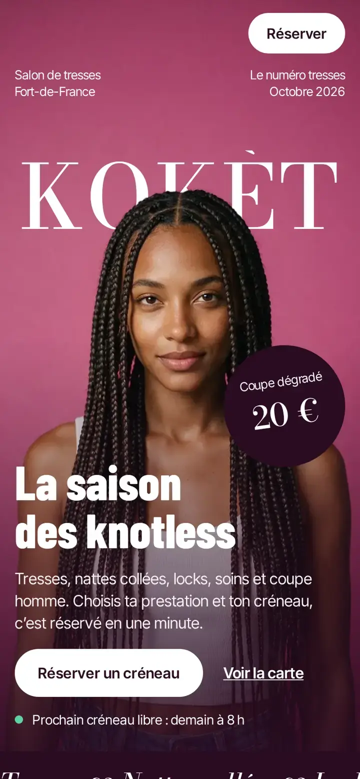 Thème Salon sur téléphone : Kokèt, un salon de tresses imaginé, en couverture de magazine.