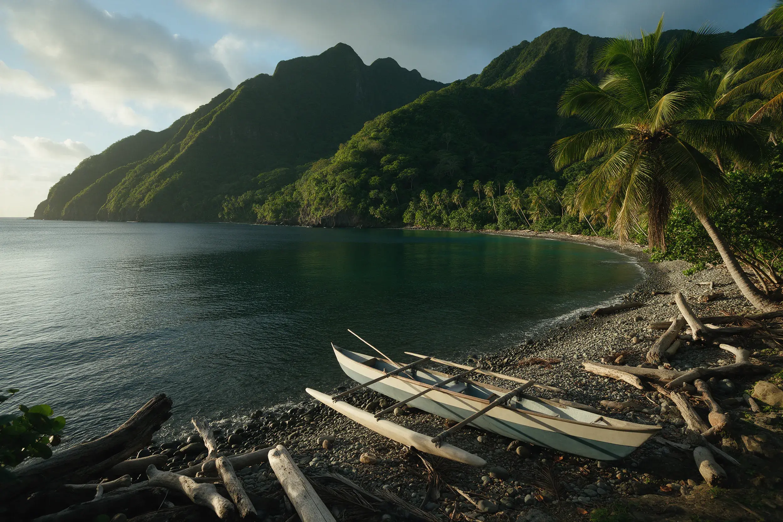 Une baie caribéenne entre montagnes verdoyantes, cocotiers et canots tirés sur la plage.