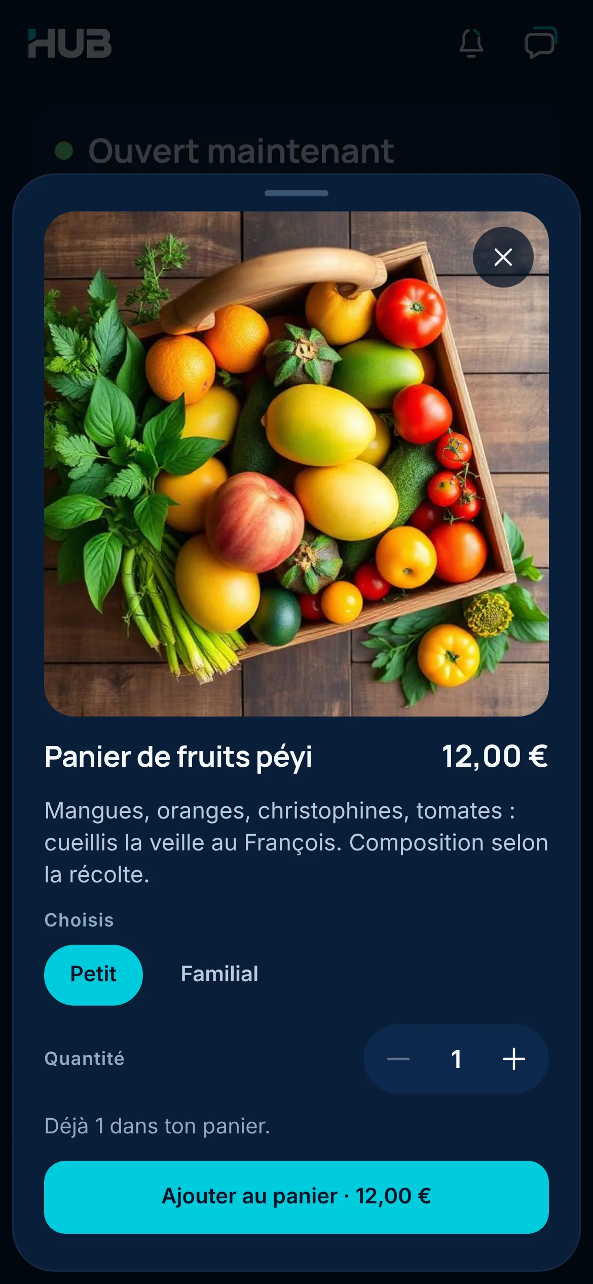 Fiche d’un article dans la boutique d’un Hub : un panier de fruits péyi à 12 €, le choix Petit ou Familial, la quantité et le bouton « Ajouter au panier ».