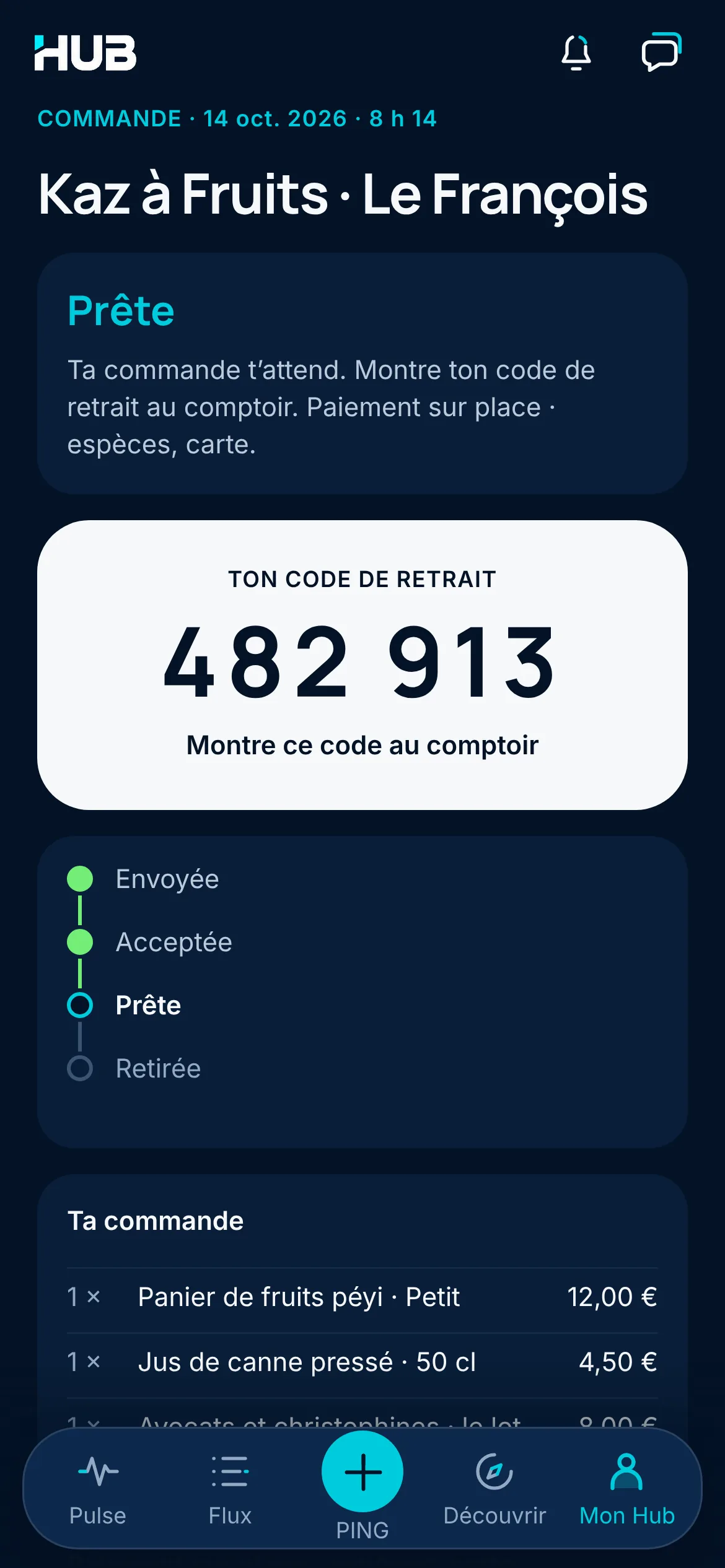 Commande prête chez Kaz à Fruits : le code de retrait 482 913 à montrer au comptoir, les étapes Envoyée, Acceptée, Prête et Retirée, et le récapitulatif de la commande.