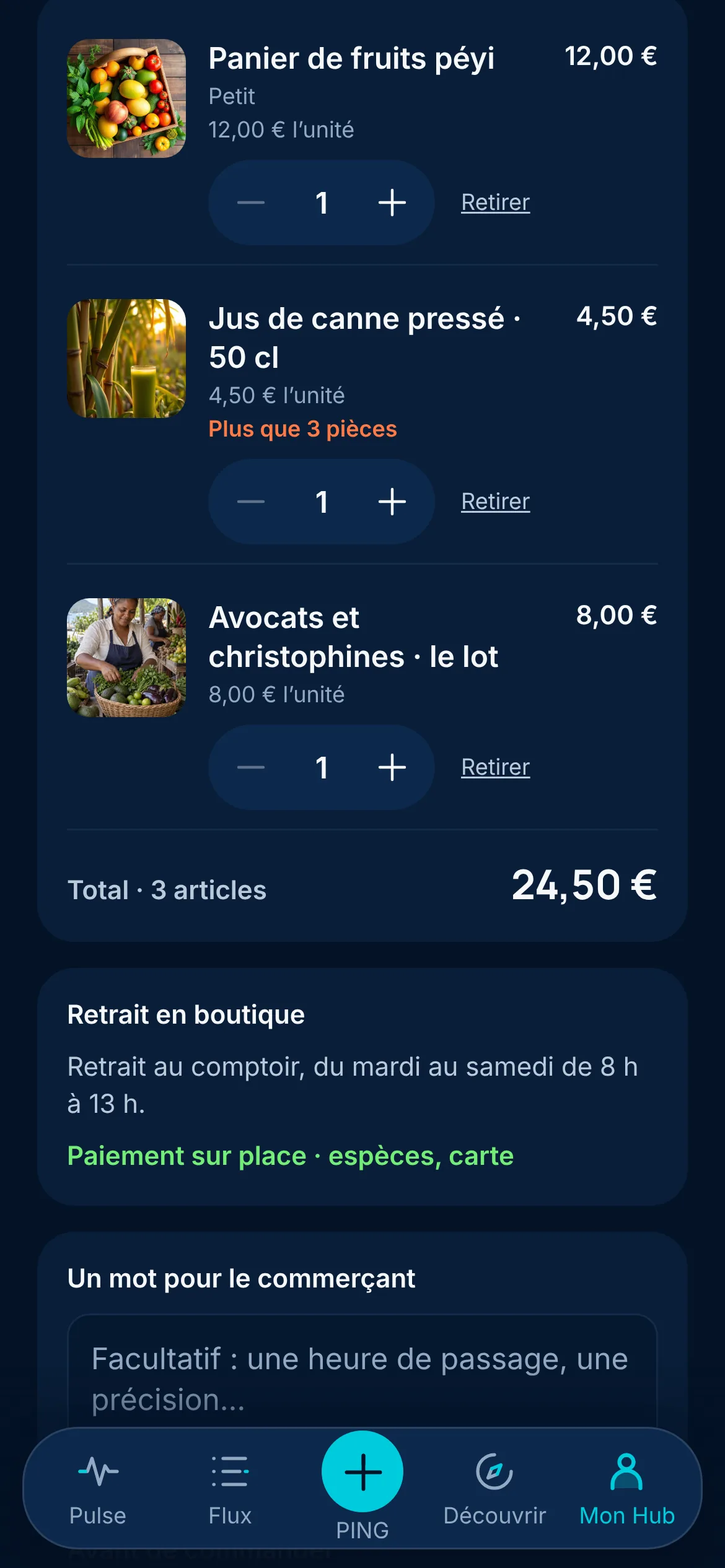 Panier chez Kaz à Fruits, au François : trois articles pour 24,50 €, retrait au comptoir du mardi au samedi de 8 h à 13 h, paiement sur place en espèces ou par carte.