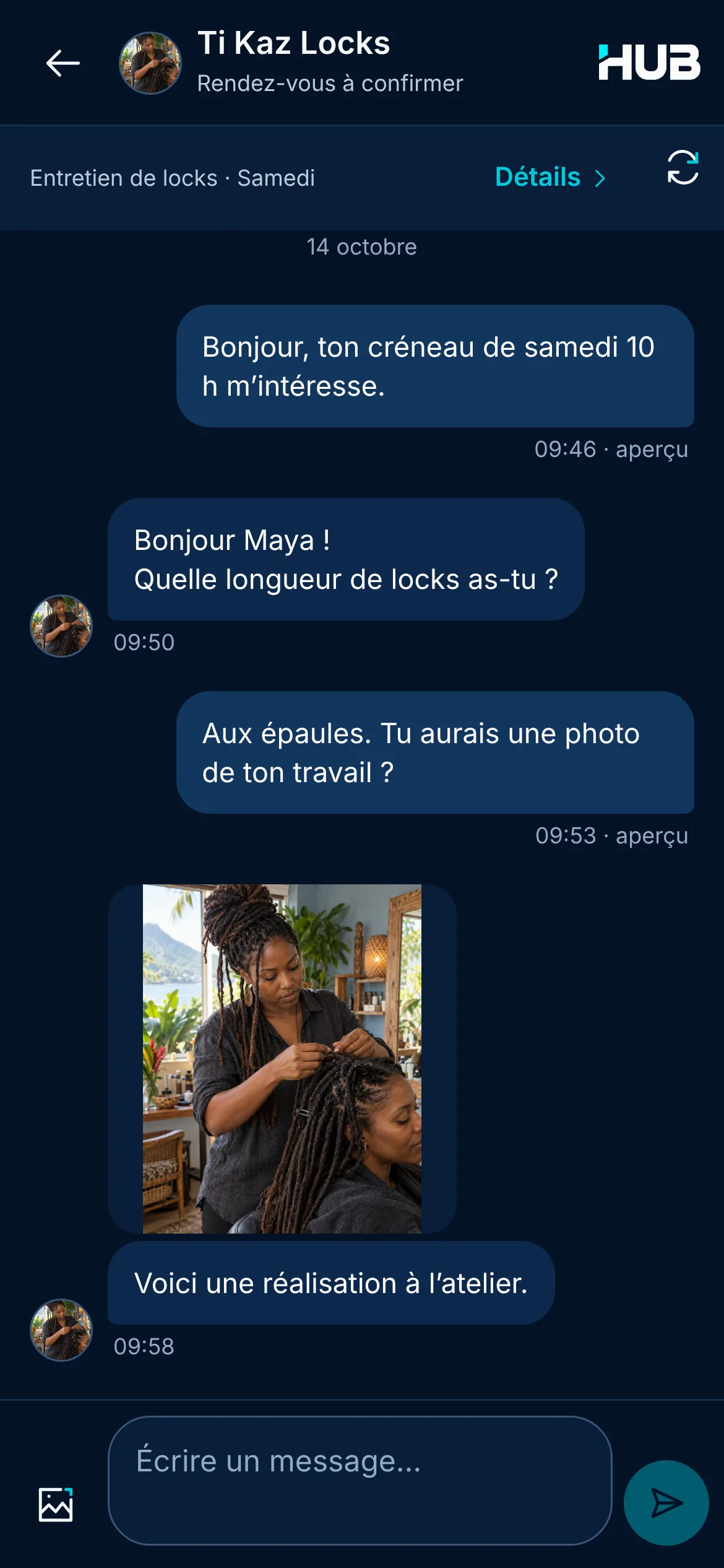 Une conversation entre Maya et Anaïs à propos de l’entretien de locks samedi : un créneau de 10 h, la longueur des locks, et la photo d’une réalisation à l’atelier.