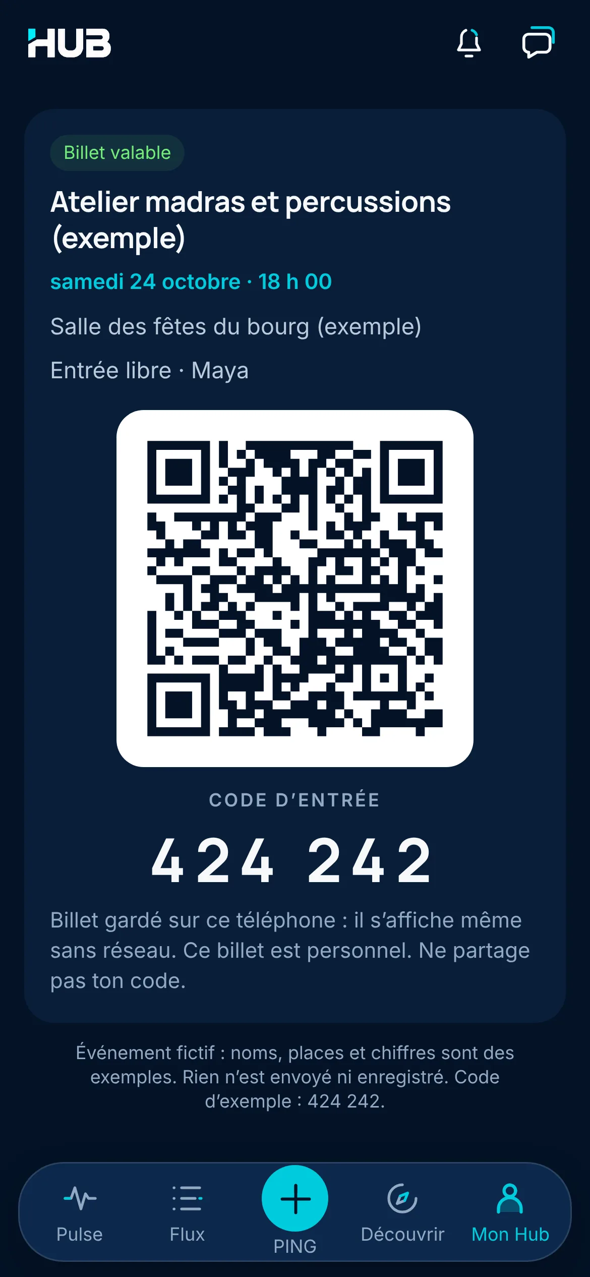 Billet de l’atelier madras et percussions : billet valable, QR code et code d’entrée 424 242, gardé sur le téléphone et lisible sans réseau.