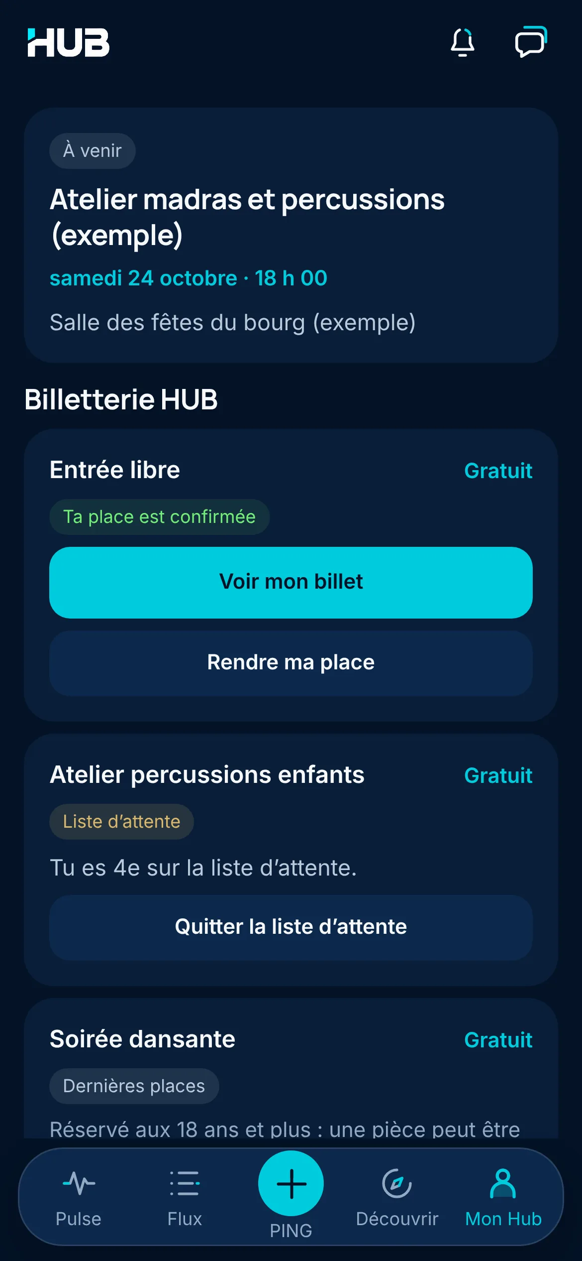 Billetterie d’un événement d’exemple, l’atelier madras et percussions : place confirmée pour l’entrée libre gratuite, et quatrième place sur la liste d’attente de l’atelier percussions enfants, complet.