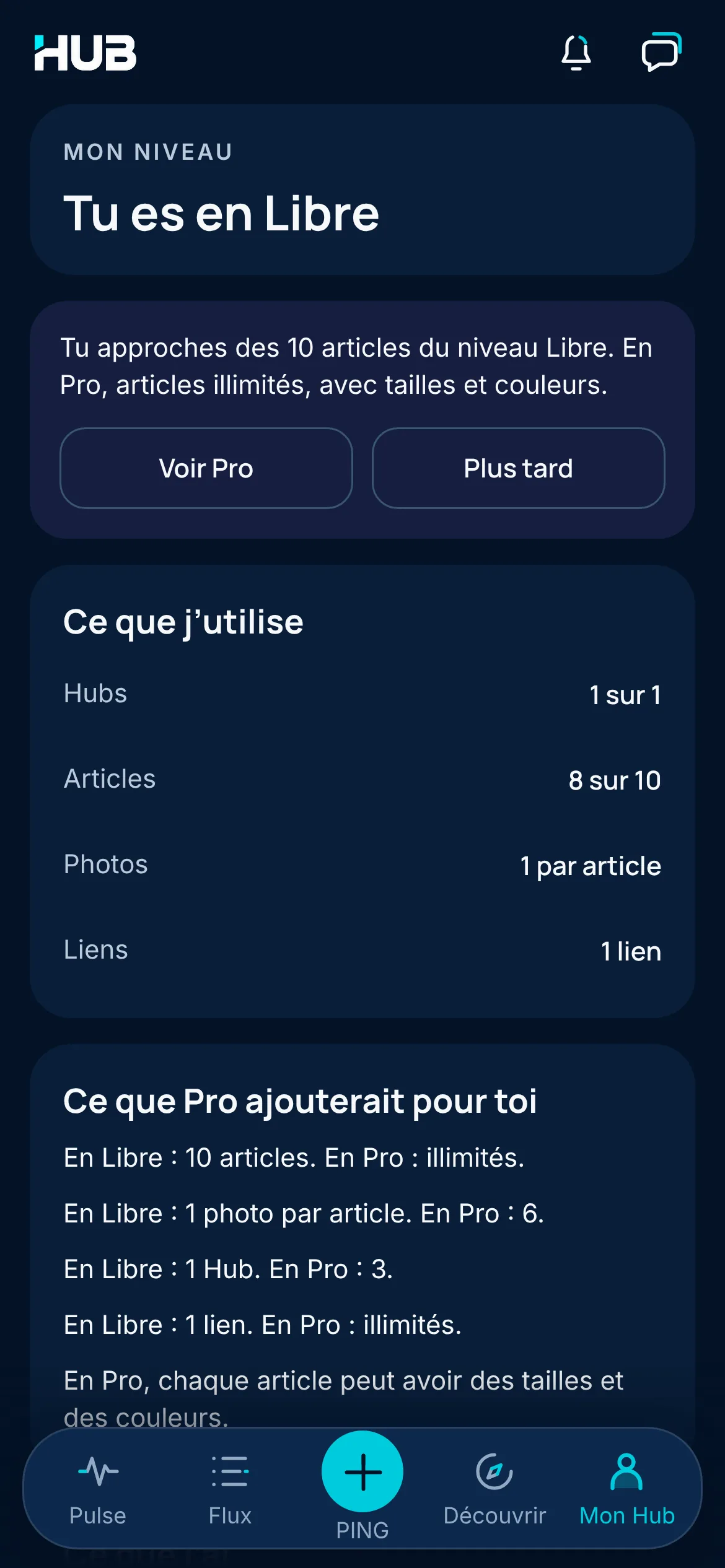 Mon niveau dans HUB : « Tu es en Libre », 8 articles sur 10, ce que j’utilise et ce que Pro ajouterait.