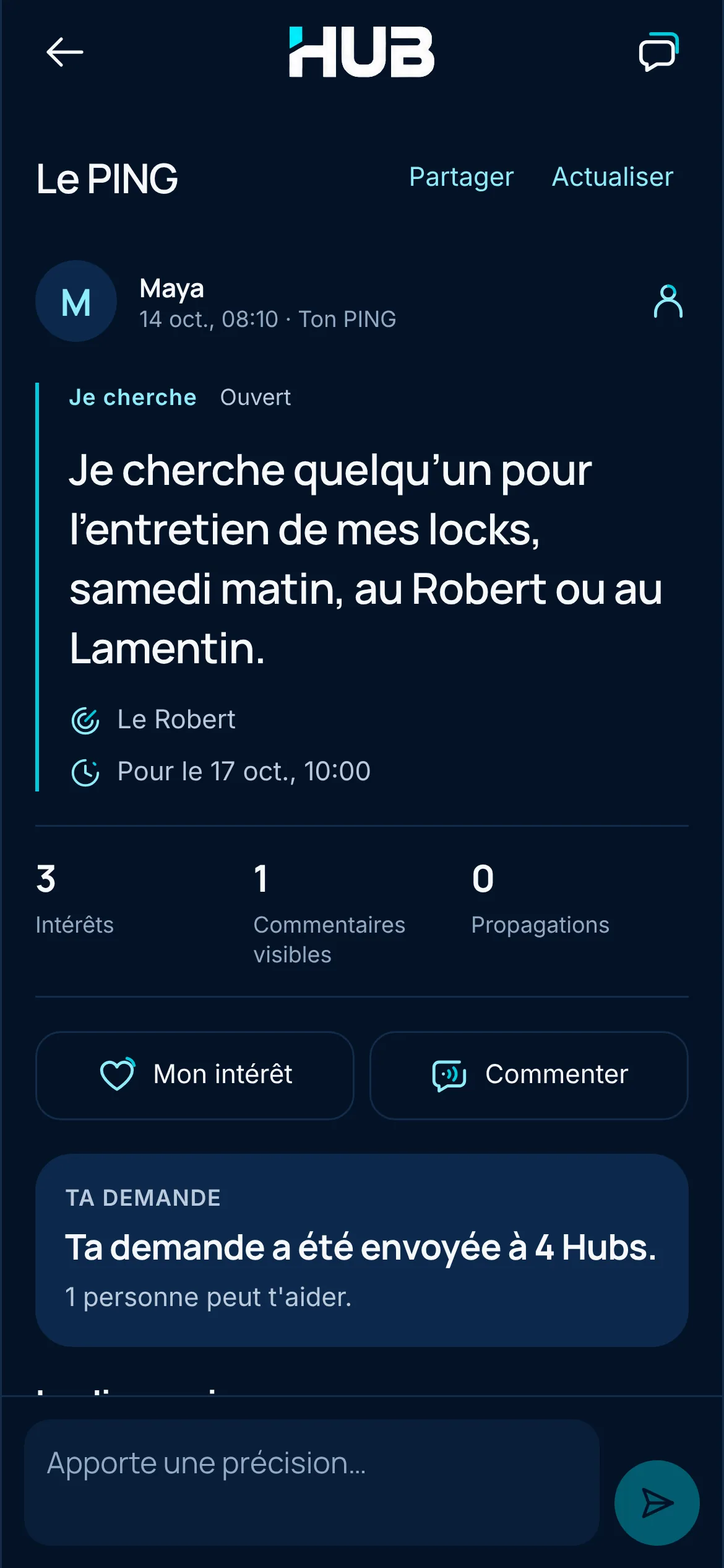 Sonar dans HUB : la fiche d’un PING « Je cherche » sur l’entretien de locks au Robert, avec la carte « Ta demande a été envoyée à 4 Hubs. 1 personne peut t’aider. »