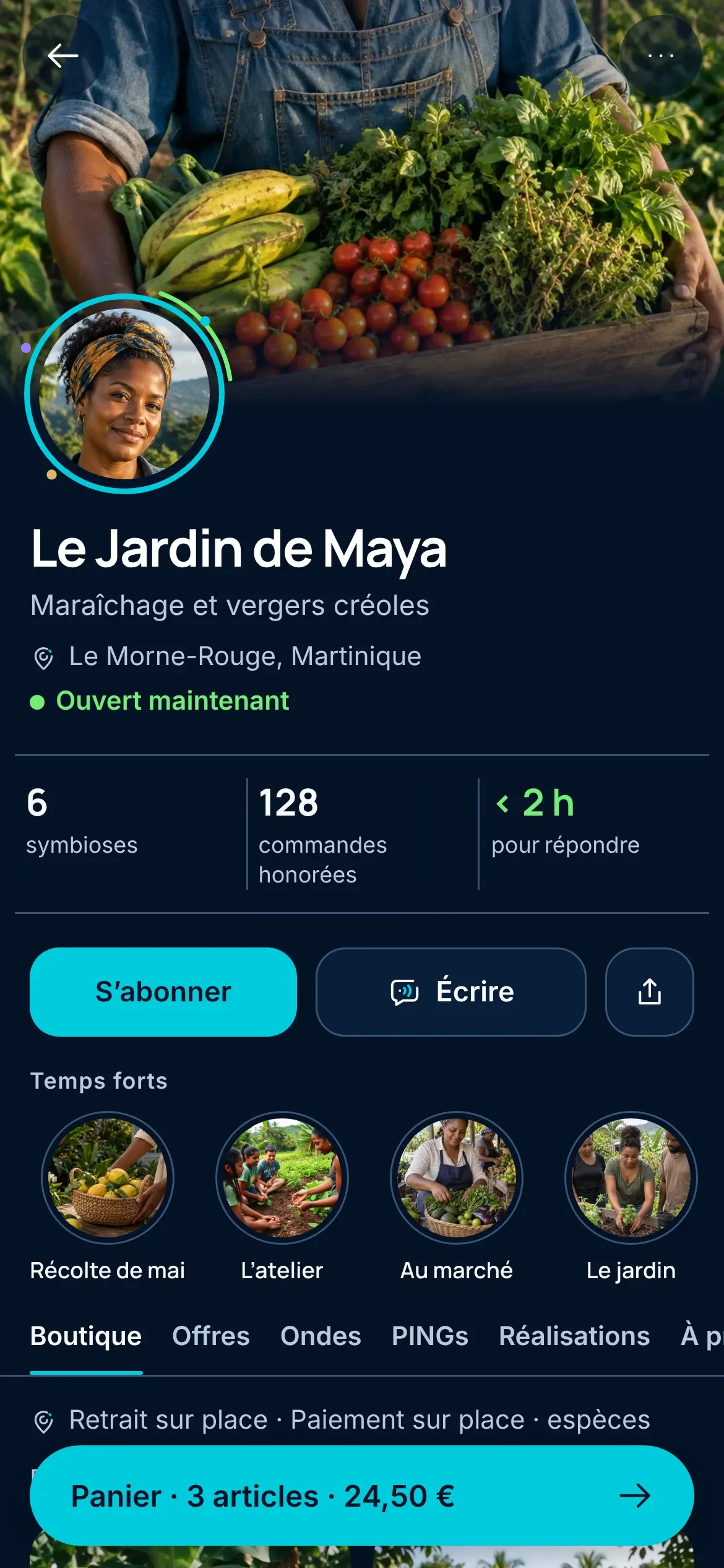 Mon Hub vu par un visiteur : la vitrine du Jardin de Maya, maraîchage et vergers créoles au Morne-Rouge, ouvert maintenant, les boutons S’abonner et Écrire, et l’onglet Boutique avec retrait et paiement sur place.
