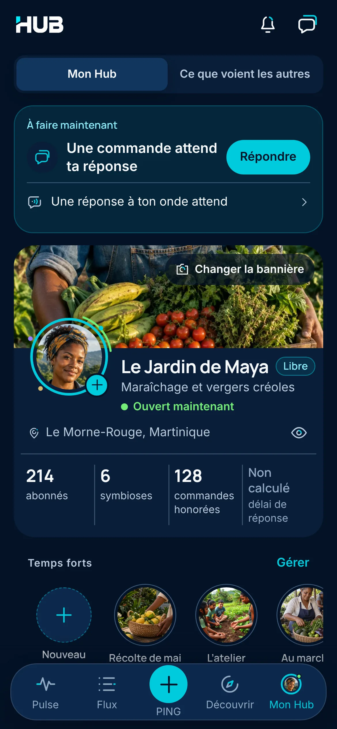 Mon Hub du Jardin de Maya, vu par sa propriétaire : une commande attend sa réponse, une réponse à son Onde, sa vitrine au Morne-Rouge et ses Temps forts.